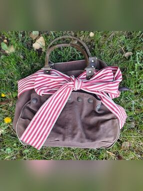 Deux Lux Brown Canvas Satchel with Red-White Striped Bow